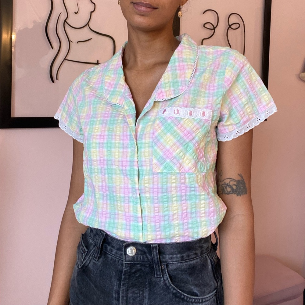 Vintage Pastel Button-Down Shirt with Lace Details